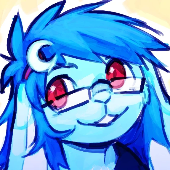 An image of a blue anthropomorphic bunny